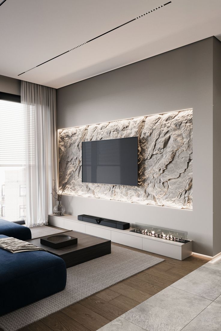 TV Wall with PU Stone Cladding — Storage Side